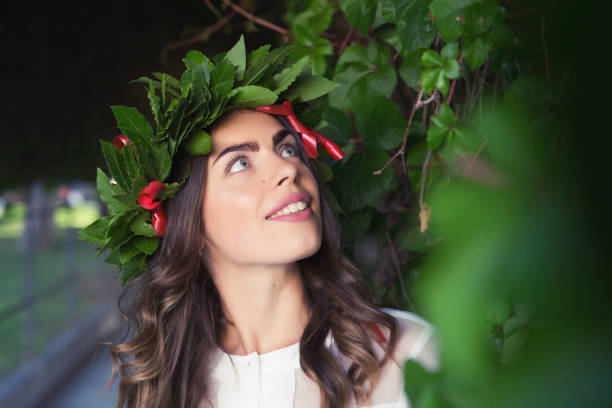 beautiful positive girl with laurel crown graduated beautiful positive girl with laurel crown graduated look away and smile laurel maryland stock pictures, royalty-free photos & images