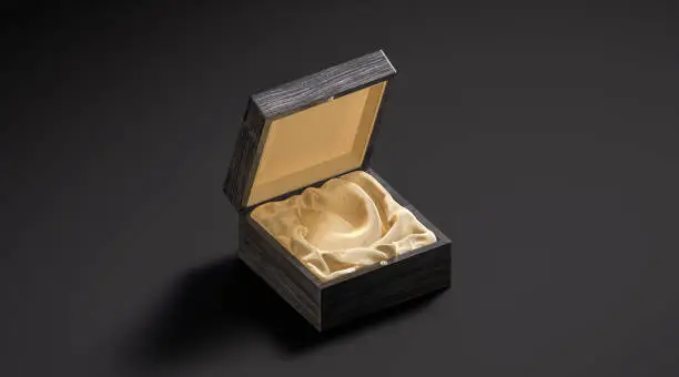 Photo of Blank black opened wood gift box with gold silk mockup
