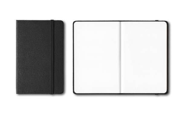 cuadernos negros cerrados y abiertos aislados sobre blanco - note pad leather diary book fotografías e imágenes de stock