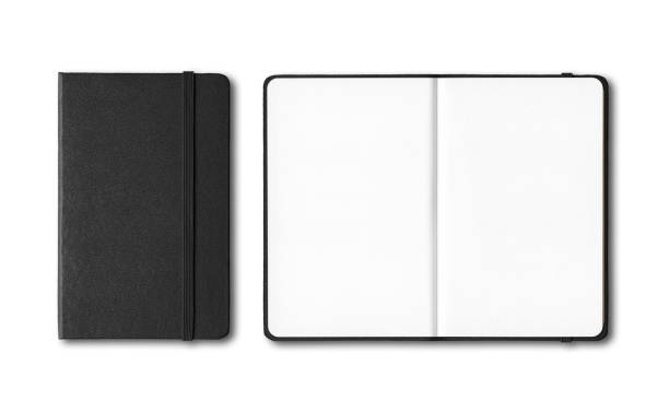 흰색으로 분리된 검은색 닫힘 및 개방형 노트북 - note pad leather diary book 뉴스 사진 이미지