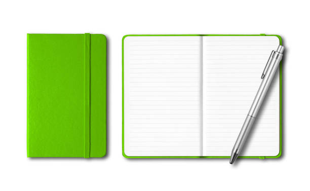 istock Green closed and open notebooks with a pen isolated on white 1215723198