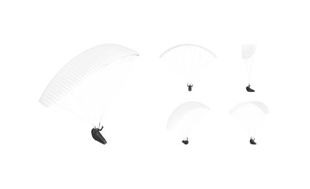 Blank white paraglider with person in harness mockup, different views, 3d rendering. Empty free-flying paraplane mock up, isolated. Clear extremal parawing for travel mokcup template.