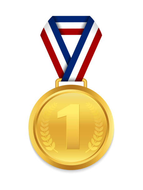 Golden medal with 1st place for winner. Award medallion with red ribbon. Trophy gold prize on isolated background. Chempionship of win sign. Olympic medal for award coremony. vector illustration. Golden medal with 1st place for winner. Award medallion with red ribbon. Trophy gold prize on isolated background. Chempionship of win sign. Olympic medal for award coremony. vector illustration laureate stock illustrations