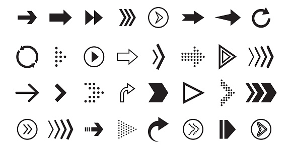 Arrow vecor icon. Black graphic pointer for direction, sign forward and down, around. Navigation cursor collection for app, computer. Set of flat linear arrows for download. Design vector illustration