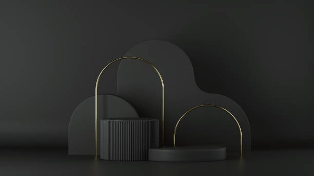 istock 3d render, minimalist black background. Abstract elements. Empty cylinder podium, vacant pedestal, round stage, showcase stand, product display platform, golden arch. Copy space. Modern premium design 1215724954