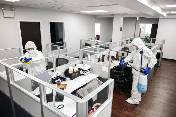 Cleaning And Disinfecting Office Two people in protective workwear cleaning and disinfecting offices. office cubicle mask stock pictures, royalty-free photos & images