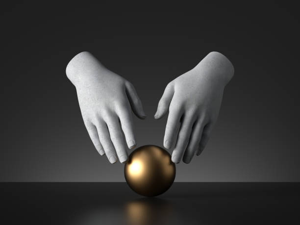 istock 3d render mannequin hands touching golden ball magical trick, palmistry metaphor, isolated on black background, modern minimal concept, simple clean design. Human limb prosthesis. Sculpture art object 1215725056