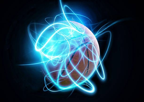 istock 3D rendering basketball ball wrapped in blue rays 1215725218