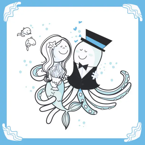 Vector illustration of Octopus and mermaid wedding invitation