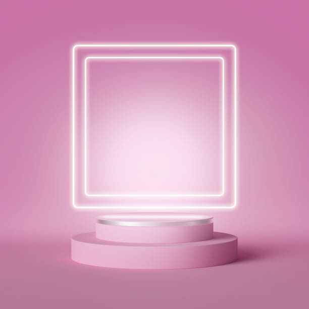 istock 3d render, digital illustration. Modern minimal pink background glowing neon frame copy space. Abstract geometric design. Fashion concept. Blank round podium empty stage vacant cylinder pedestal steps 1215728405
