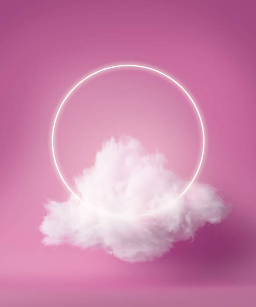 istock 3d render, white neon ring above fluffy cloud levitating inside the studio. Glowing halo. Blank round frame. Isolated object, pink fashion background, modern design, abstract metaphor. 1215728475
