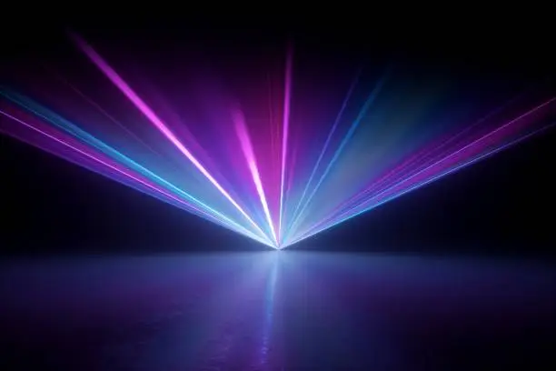 Photo of 3d render, digital illustration. Bright projector shining on the dark empty stage, laser show, glowing pink blue hypnotic rays, abstract neon light background