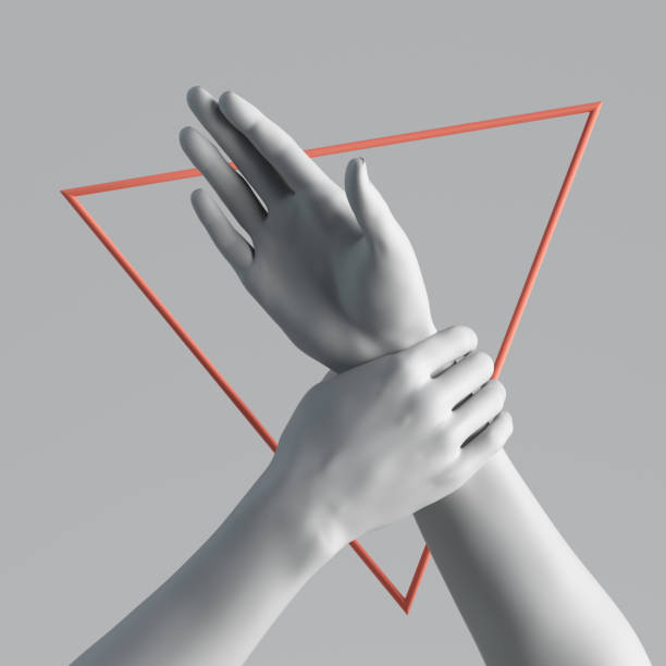 istock 3d render human mannequin body parts white artificial female hands isolated on plain background. Red geometric triangular shape. Feminist protest metaphor. Modern minimal fashion, social issue concept 1215728733