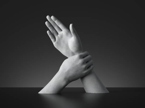 istock 3d render, sign language, mannequin hands isolated on black background. Limitation or force or arrest metaphor. Modern minimal concept, simple clean design. Concrete sculpture. Artificial human limb 1215729424