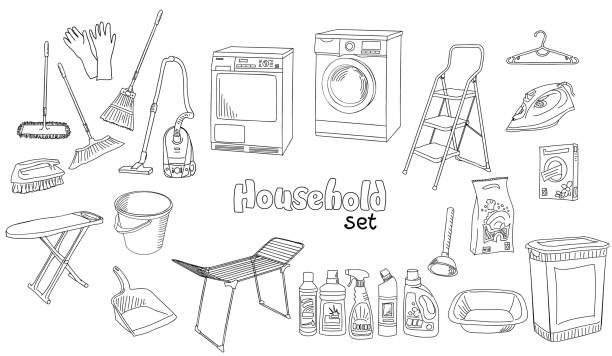 A set of different appliances, things and devices for household. The vector illustration in doodle style, hand drawn sketch in black and white colors with inscription. A set of different appliances, things and devices for household. Coloring book page. cleaning drawings stock illustrations