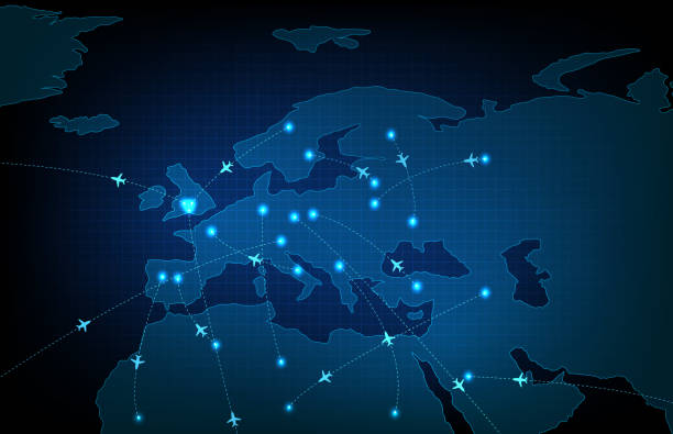 illustrations, cliparts, dessins animés et icônes de fond abstrait de la technologie futuriste scanner la trajectoire de route radar de vol de l’europe cartes de voyage - compass travel symbol planning