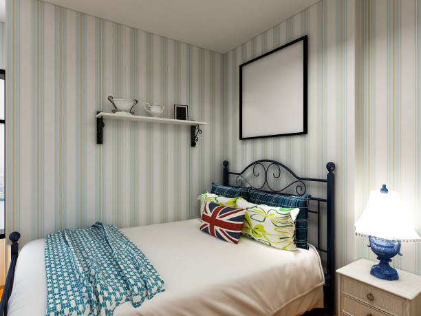 istock 3d rendering, blue Mediterranean bedroom design, large bed with large wardrobe, illustration, TV, carpet, etc., very comfortable and casual. 1215732379