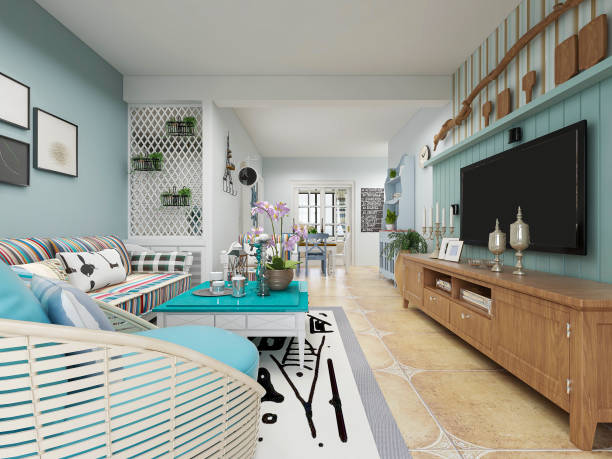 istock 3D rendering, living room design in Mediterranean blue style 1215732423