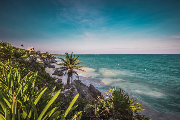 vista al atardecer en las ruinas mayas de tulum en la costa tropical - mayan riviera fotografías e imágenes de stock