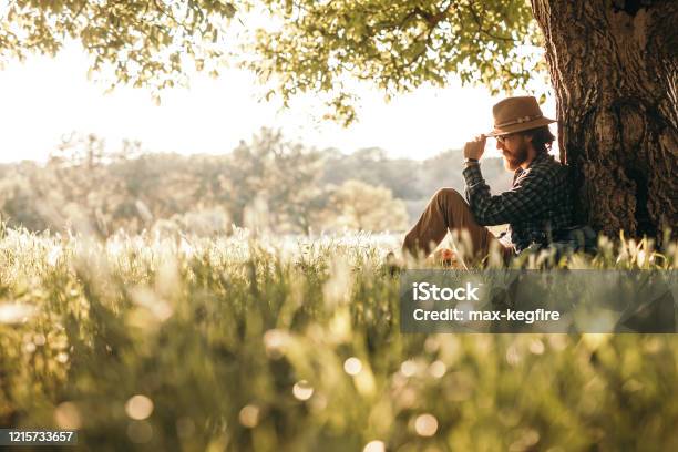 Pensive Man Sitting Under Tree Stock Photo - Download Image Now - Tree, Men, Sleeping