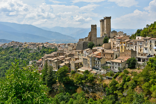 Panoramic view of a medieval village in the mountains of the Abruzzo region in Italy