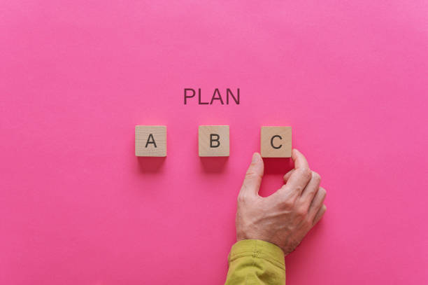 Choosing plan C out of three options Male hand choosing plan C out of options A, B and C. Over pink background. a b c stock pictures, royalty-free photos & images