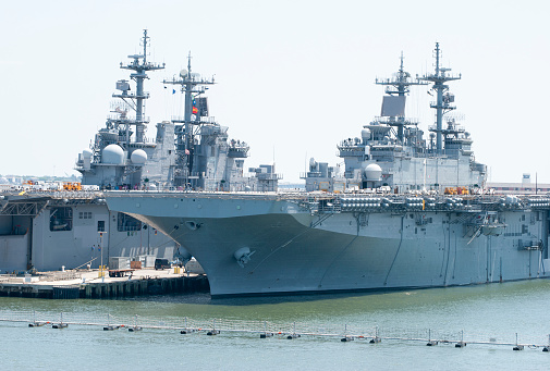 Norfolk, Virginia, USA - May 30, 2023: The USS Dwight D. Eisenhower (CVN-69) aircraft carrier docked at Naval Station Norfolk while in port.