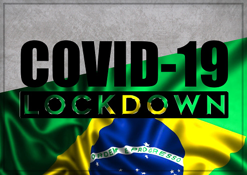 COVID-19 - illustration - lockdown and prevention concept against the coronavirus outbreak and pandemic. Text writed with background of waving flag of Brazil. 3D illustration.