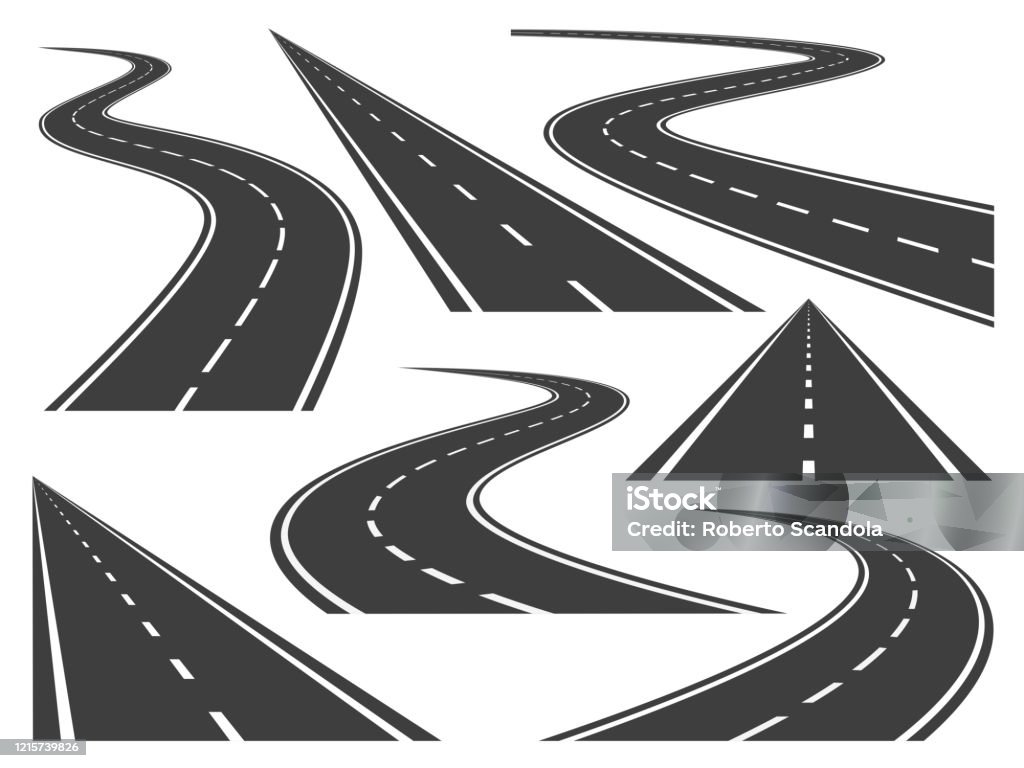 Isolated vector pictures of pathway, different roads and long highway Road stock vector