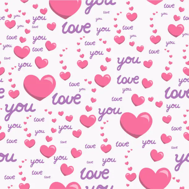 Vector illustration of Seamless pattern with pink hearts and the inscription love you.