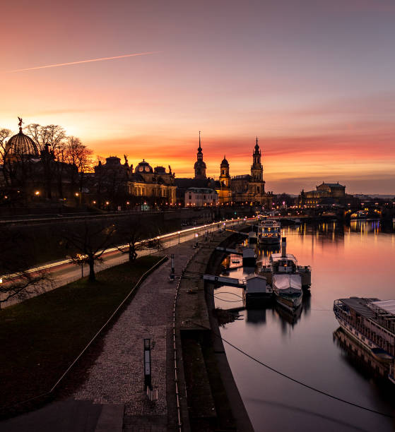 View of the skyline of Dresden at sunset.