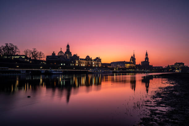 View of the skyline of Dresden at sunset.