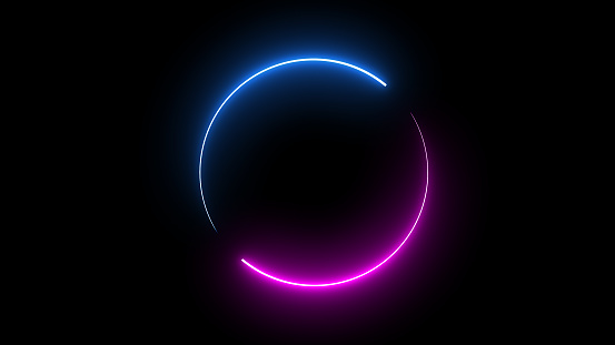 Marco de imagen de círculo redondo con gráfico de movimiento de color de color de neón de dos tonos sobre fondo negro aislado. Luz azul y rosa moviéndose para el elemento de superposición. Representación de ilustraciones 3D. Espacio vacío en el medi photo