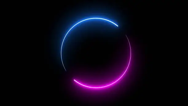 Round circle picture frame with two tone neon color shade motion graphic on isolated black background. Blue and pink light moving for overlay element. 3D illustration rendering. Empty space in middle