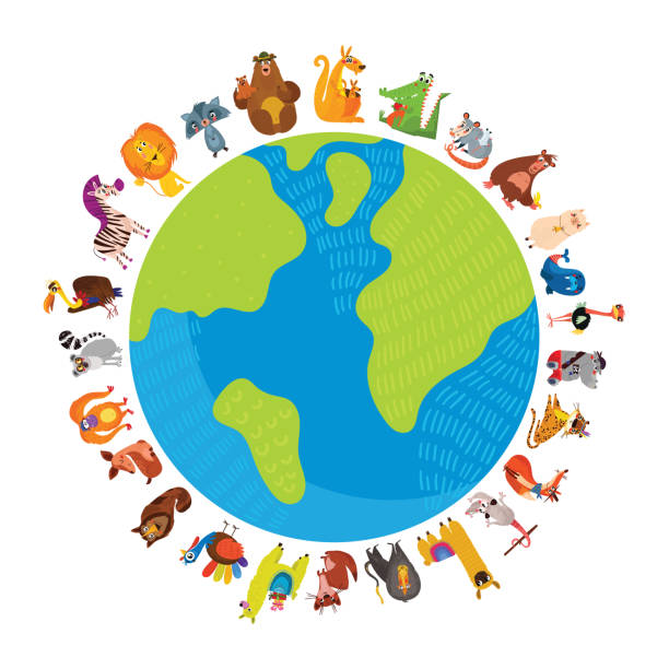 stockillustraties, clipart, cartoons en iconen met werelddierendag. cartoon aarde ansichtkaart met schattige dieren in het wild. gebruik voor kinderen en voorschoolse educatie. - dierendag