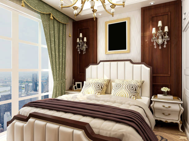 istock 3D rendering, American-style bedroom design, large wardrobe next to the big bed 1215741679