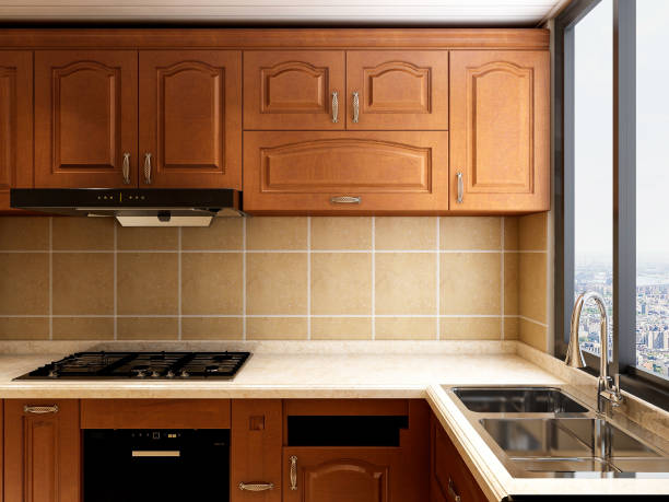 istock 3D rendering,Modern family kitchen design, new cabinets and kitchenware with refrigerators, sunlight from the window. 1215741696