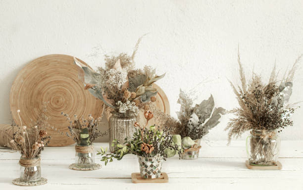 istock Composition with many dried flowers in vases . 1215742008
