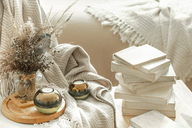 istock Home interior with books and dried flowers. 1215742014