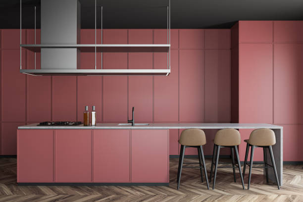 istock Red and gray kitchen interior with bar 1215742898