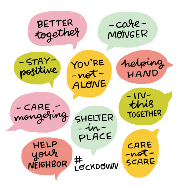 Positive phrases for lockdown Set of hand lettering messages for stay home campaign. Positive inscriptions for Covid-19 epidemic, hashtags in speech bubbles. Self-isolation, lockdown phrases for social media, stickers, tags togetherness covid stock illustrations