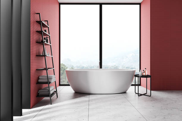 istock Red bathroom interior with tub and shelves 1215743249