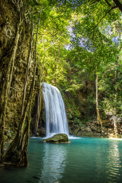 vue sur la chute d’eau d’erawan à kanchanaburi en thaïlande - waterfall tropical rainforest erawan thailand photos et images de collection