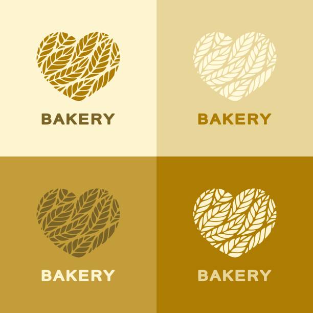 illustrations, cliparts, dessins animés et icônes de ensemble de logos de coeurs avec des feuilles (oreilles) dans les couleurs jaunes, brunes, beiges. - brown bread bread wheat bakery
