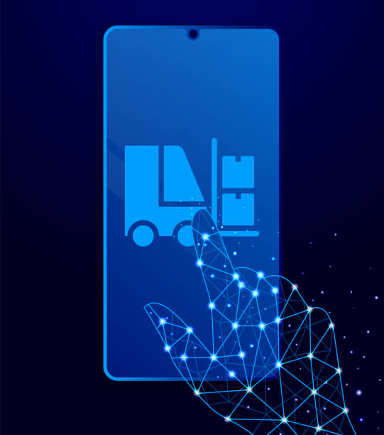 Mass production, forklift touch phone. Polygon style touch phone vector Mass production, forklift touch phone. Polygon style touch phone vector illustration stacker stock illustrations