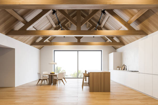 istock Luxury mansion kitchen with bar and table 1215748569