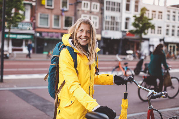 istock Dutch woman with bicycle 1215748615
