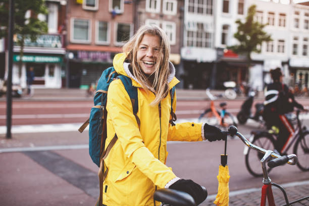 istock Dutch woman with bicycle 1215748823