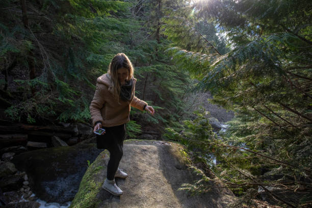 istock Female hiker pauses on mountain ridge 1215748963