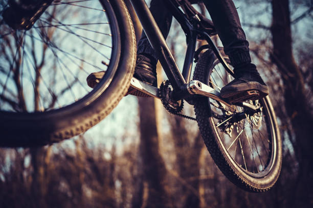 istock Low angle photo of mountain biker jumping in forest 1215749785